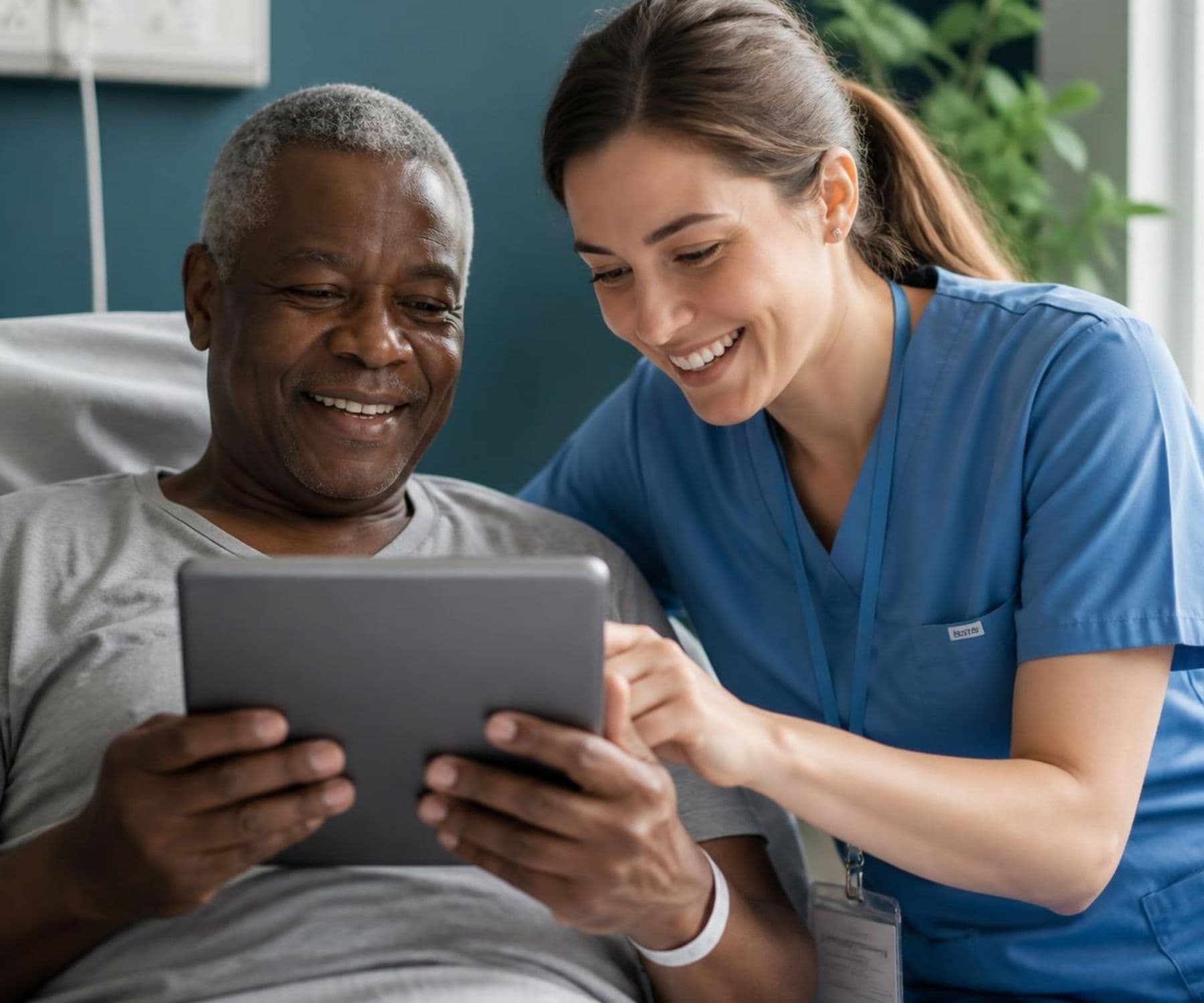 A nurse reviewing a tablet with a patient at their bedside